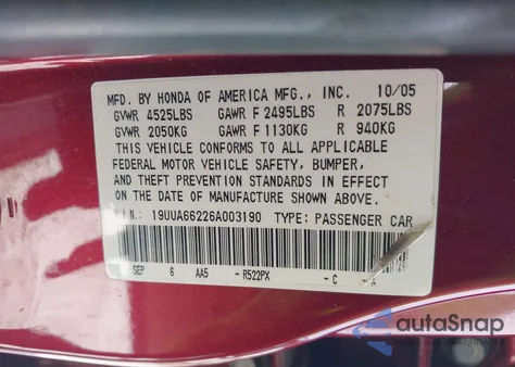 2006 Acura Tl z USA, uszkodzony, nr VIN 19UUA66226A003190